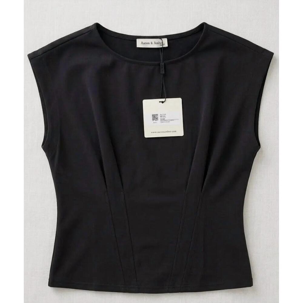 NEW AARON & AMBER women's cinched waist knit top in black